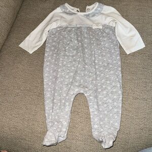 Worn ONCE! Mayoral onesie- gray with polka dots, Peter Pan collar and bow.